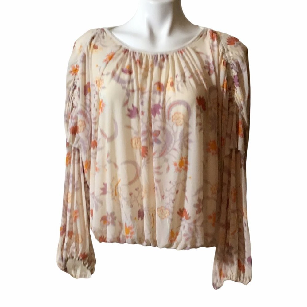 Free People White Floral Long Sleeve Ruffles Draped Blouse Top Womens Size Small